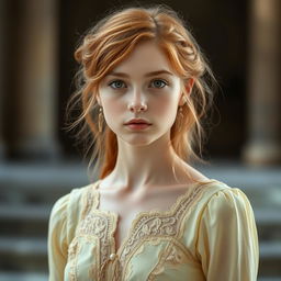 a young 18-year-old woman with stunning copper-blonde hair and light brown eyes