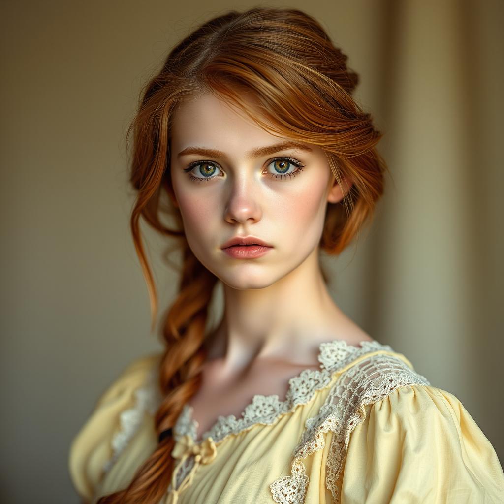 a young 18-year-old woman with stunning copper-blonde hair and light brown eyes