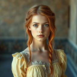 a young 18-year-old woman with stunning copper-blonde hair and light brown eyes