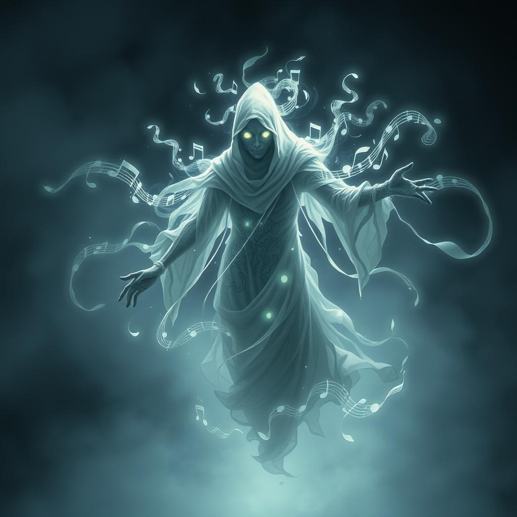 Spectral figure resembling a wraith from Dungeons & Dragons, embodying musical energy and shadow