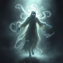 Spectral figure resembling a wraith from Dungeons & Dragons, embodying musical energy and shadow