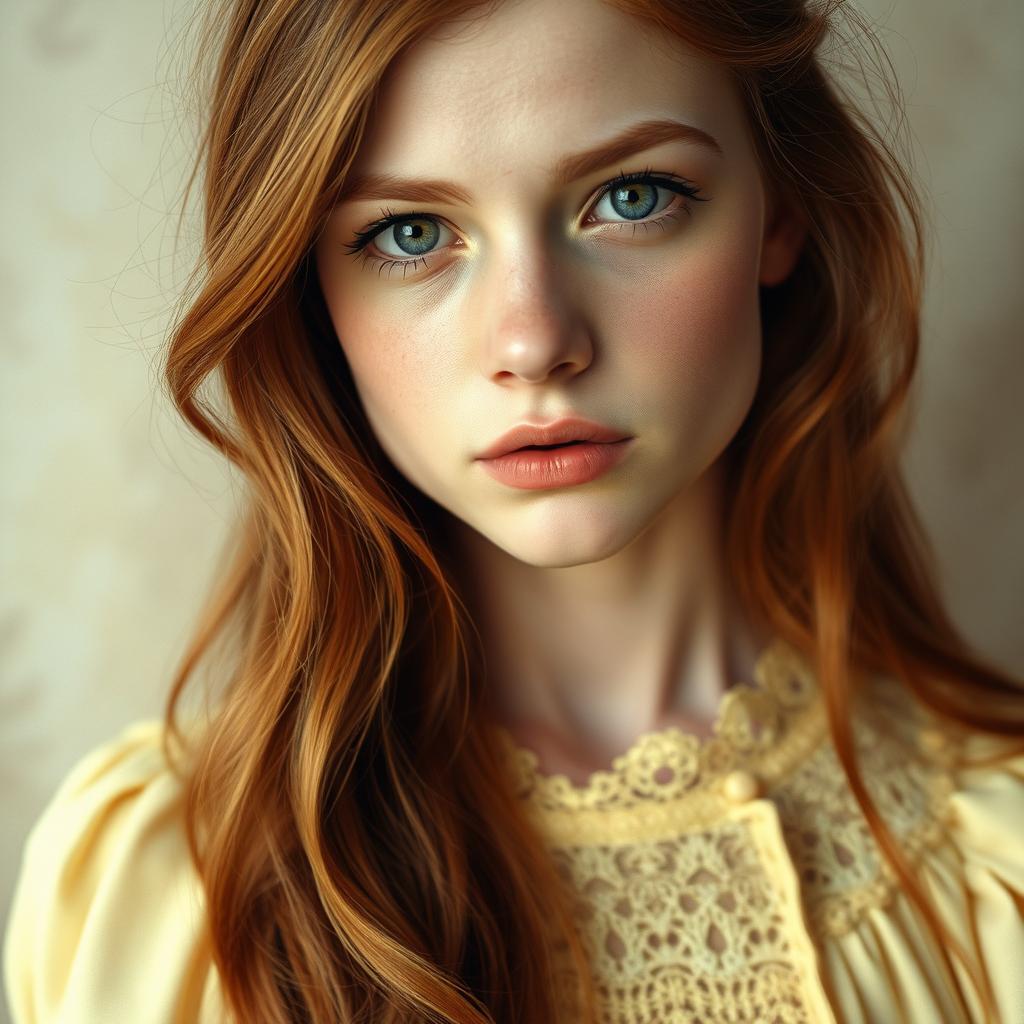 a young 18-year-old woman with captivating copper-blonde hair and light brown eyes