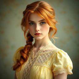 a young 18-year-old woman with captivating copper-blonde hair and light brown eyes