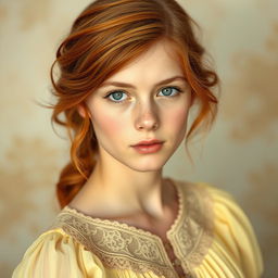 a young 18-year-old woman with captivating copper-blonde hair and light brown eyes