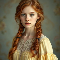 a young 18-year-old woman with captivating copper-blonde hair and light brown eyes