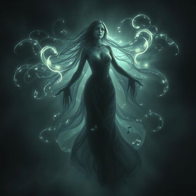 Spectral figure resembling a female wraith from Dungeons & Dragons, embodying musical energy and shadow