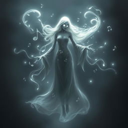 Spectral figure resembling a female wraith from Dungeons & Dragons, embodying musical energy and shadow