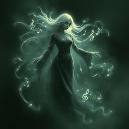 Spectral figure resembling a female wraith from Dungeons & Dragons, embodying musical energy and shadow