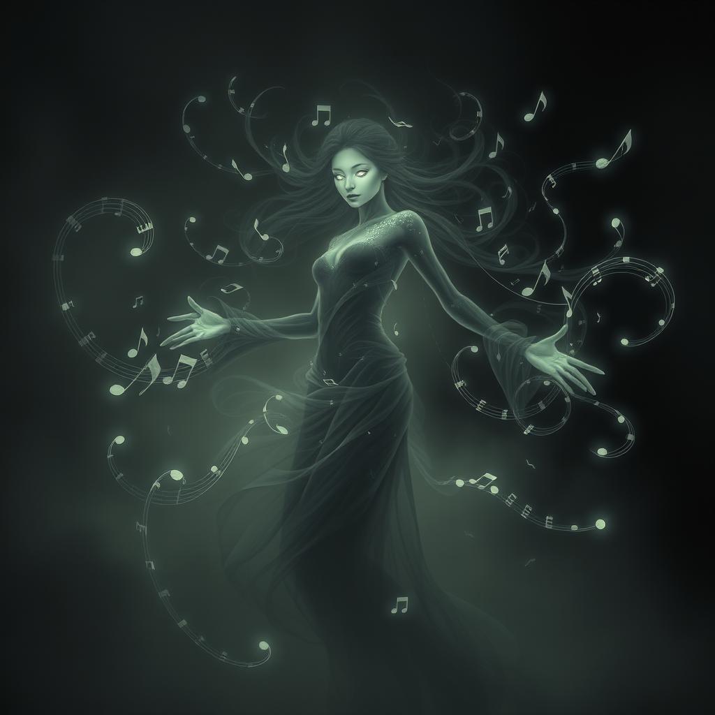 Spectral figure resembling a female wraith from Dungeons & Dragons, with features reminiscent of Amy Lee of Evanescence, embodying musical energy and shadow