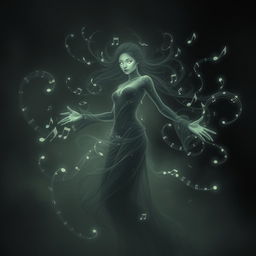 Spectral figure resembling a female wraith from Dungeons & Dragons, with features reminiscent of Amy Lee of Evanescence, embodying musical energy and shadow