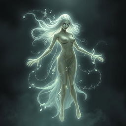 Spectral figure resembling a female wraith from Dungeons & Dragons, with features reminiscent of Amy Lee of Evanescence, embodying musical energy and shadow