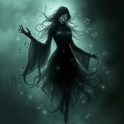 Spectral figure resembling a female wraith from Dungeons & Dragons, with features reminiscent of Amy Lee of Evanescence, embodying musical energy and shadow