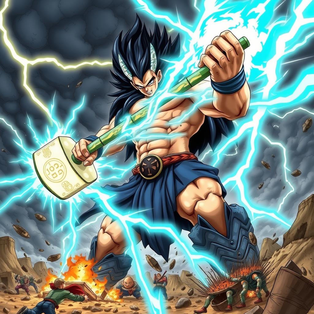 Thorr, the God of Thunder and Destruction, vividly depicted in Dragon Ball Z style as he unleashes his fierce technique 'Stormbreaker