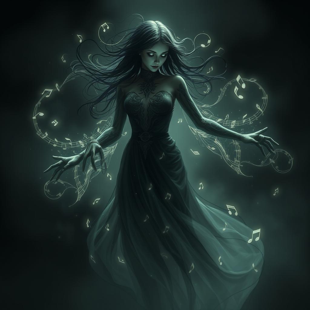 Spectral figure resembling a female wraith from Dungeons & Dragons, with features reminiscent of Amy Lee of Evanescence, embodying musical energy and shadow