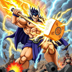 Thorr, the God of Thunder and Destruction, vividly depicted in Dragon Ball Z style as he unleashes his fierce technique 'Stormbreaker