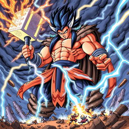 Thorr, the God of Thunder and Destruction, vividly depicted in Dragon Ball Z style as he unleashes his fierce technique 'Stormbreaker