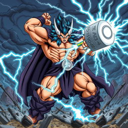 Thorr, the God of Thunder and Destruction, vividly depicted in Dragon Ball Z style as he unleashes his fierce technique 'Stormbreaker