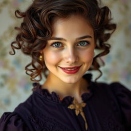 a light-skinned 18-year-old young woman with dark brown curly hair, her curls cascading beautifully around her face