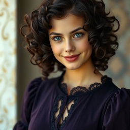 a light-skinned 18-year-old young woman with dark brown curly hair, her curls cascading beautifully around her face