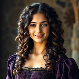 a light-skinned 18-year-old young woman with long dark brown curly hair, her curls cascading gracefully around her shoulders