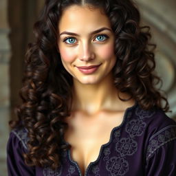 a light-skinned 18-year-old young woman with long dark brown curly hair, her curls cascading gracefully around her shoulders