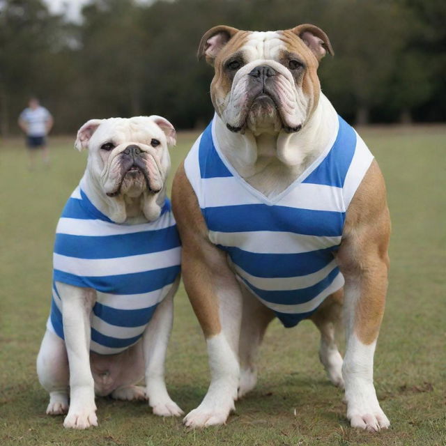 Convivial bulldog wearing a blue-white striped jersey standing beside a burly rugby player also wearing a matching blue-white jersey. Both exhibit a spirit of camaraderie.