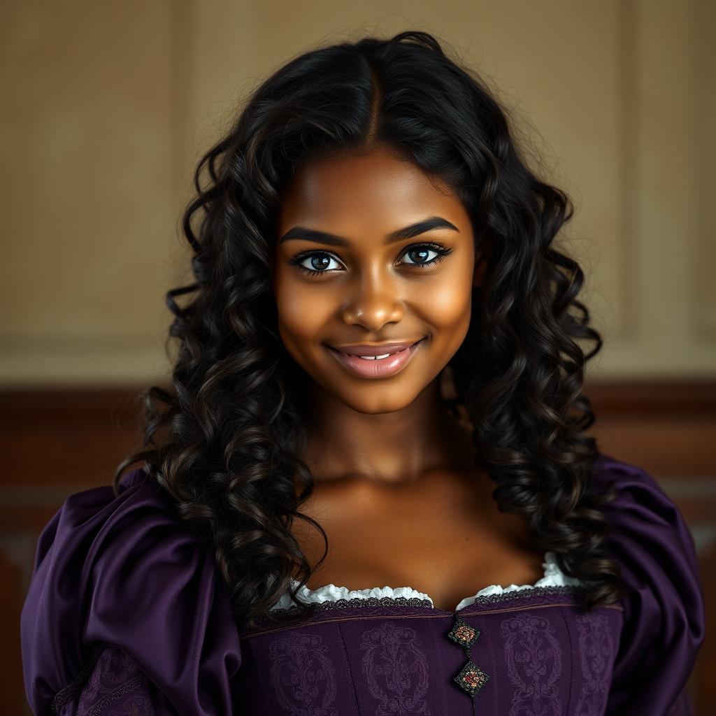 a dark-skinned 18-year-old young woman with long dark brown curly hair, her curls cascading beautifully around her shoulders