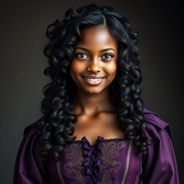 a dark-skinned 18-year-old young woman with long dark brown curly hair, her curls cascading beautifully around her shoulders