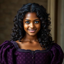 a dark-skinned 18-year-old young woman with long dark brown curly hair, her curls cascading beautifully around her shoulders