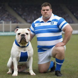 Convivial bulldog wearing a blue-white striped jersey standing beside a burly rugby player also wearing a matching blue-white jersey. Both exhibit a spirit of camaraderie.