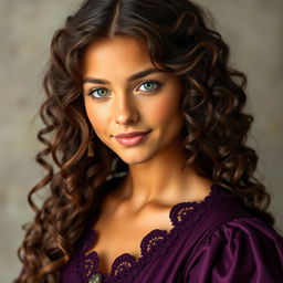 an 18-year-old young woman with cinnamon-colored skin and long dark brown curly hair, cascading beautifully around her shoulders