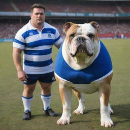 Convivial bulldog wearing a blue-white striped jersey standing beside a burly rugby player also wearing a matching blue-white jersey. Both exhibit a spirit of camaraderie.