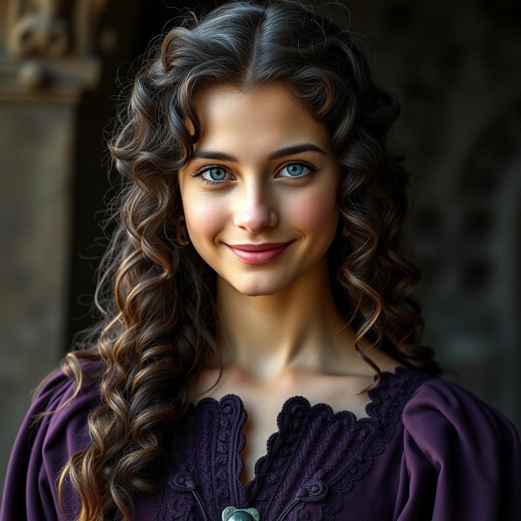 an 18-year-old young woman with cinnamon-colored skin and long dark brown curly hair, cascading beautifully around her shoulders