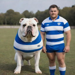 Convivial bulldog wearing a blue-white striped jersey standing beside a burly rugby player also wearing a matching blue-white jersey. Both exhibit a spirit of camaraderie.