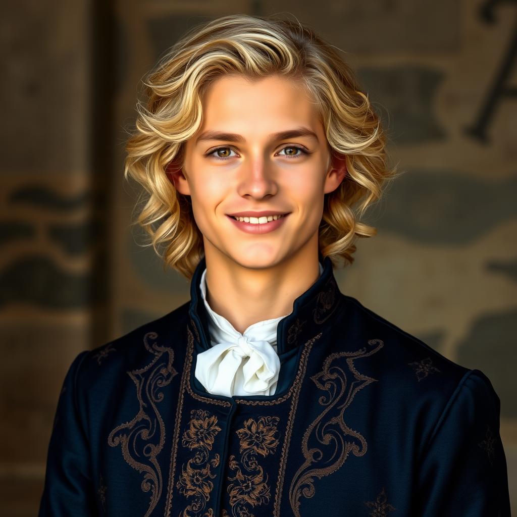 an 18-year-old young man with cinnamon-colored skin, his wavy blonde hair adding a soft texture to his appearance