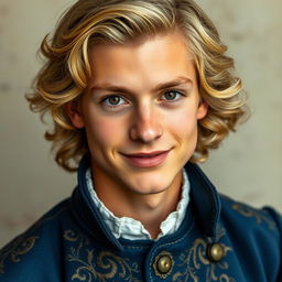 an 18-year-old young man with cinnamon-colored skin, his wavy blonde hair adding a soft texture to his appearance