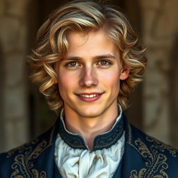 an 18-year-old young man with cinnamon-colored skin, his wavy blonde hair adding a soft texture to his appearance