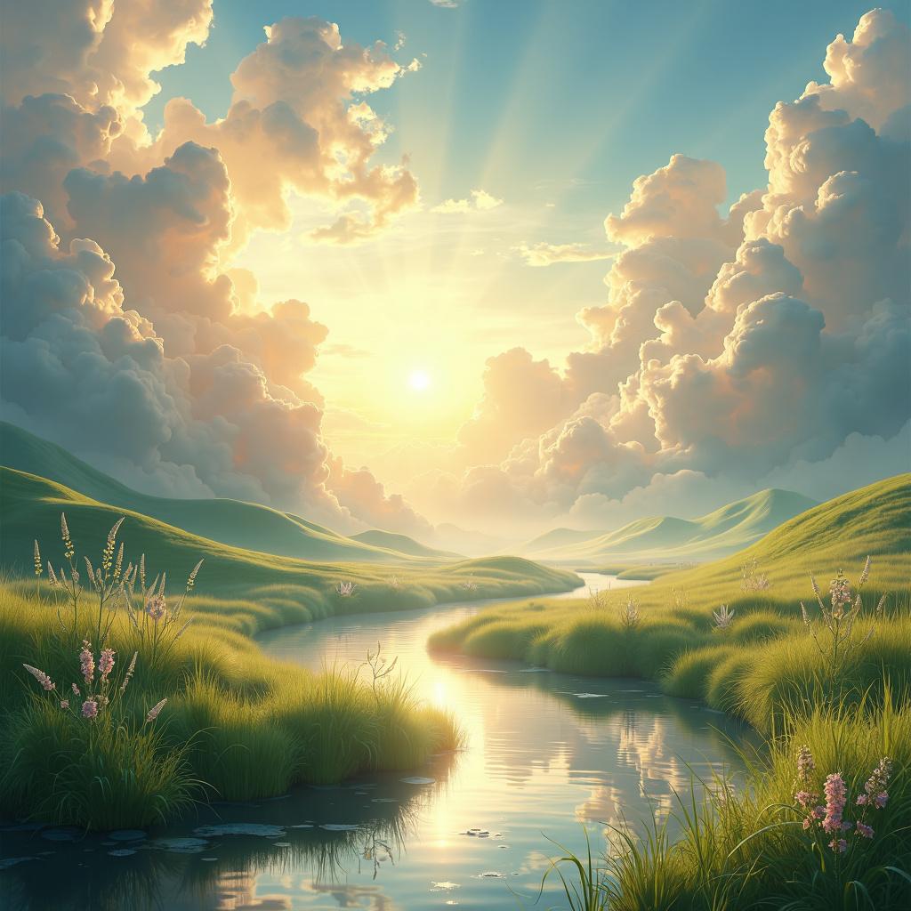 A serene landscape depicting a heavenly realm, featuring lush, ethereal clouds and a radiant sky