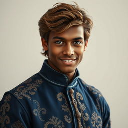 an 18-year-old young man with dark skin, wavy light brown hair that adds a soft, textured look