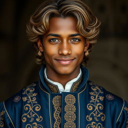 an 18-year-old young man with dark skin, wavy light brown hair that adds a soft, textured look