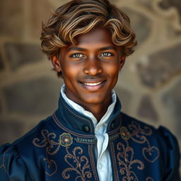 an 18-year-old young man with dark skin, wavy light brown hair that adds a soft, textured look