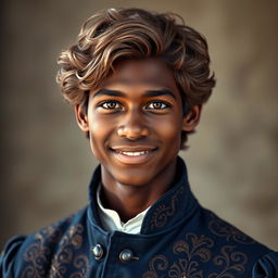 an 18-year-old young man with dark skin, wavy light brown hair that adds a soft, textured look