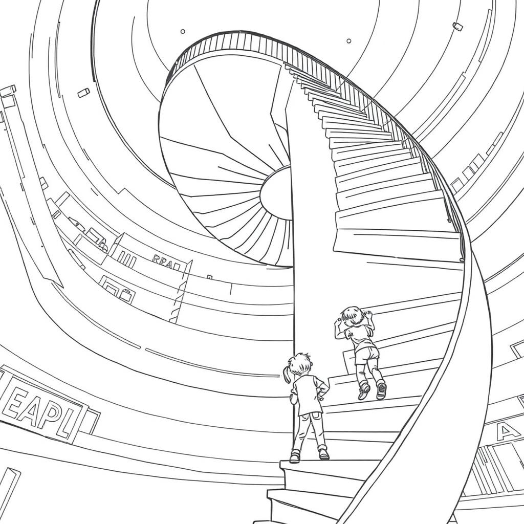 Black and white surreal coloring book illustration of two children climbing a giant spiral staircase that seems to have no end, reaching up to the roof of a mall