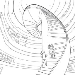 Black and white surreal coloring book illustration of two children climbing a giant spiral staircase that seems to have no end, reaching up to the roof of a mall