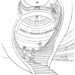 Black and white surreal coloring book illustration of two children climbing a giant spiral staircase that seems to have no end, reaching up to the roof of a mall