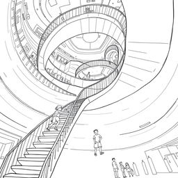 Black and white surreal coloring book illustration of two children climbing a giant spiral staircase that seems to have no end, reaching up to the roof of a mall