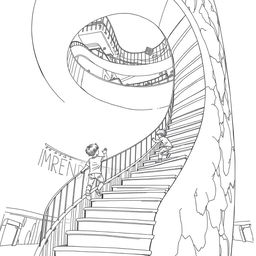 Black and white surreal coloring book illustration of two children climbing a giant spiral staircase that seems to have no end, reaching up to the roof of a mall