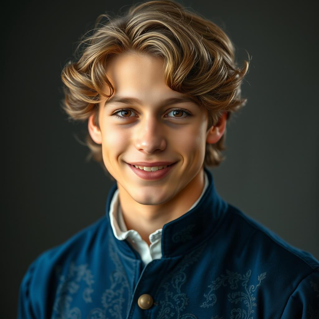 an 18-year-old young man with light brown skin and wavy light brown hair, lending a soft texture to his appearance