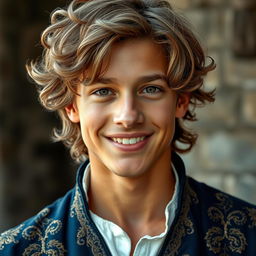 an 18-year-old young man with light brown skin and wavy light brown hair, lending a soft texture to his appearance