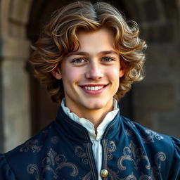 an 18-year-old young man with light brown skin and wavy light brown hair, lending a soft texture to his appearance